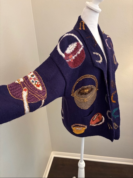 Sweaters - Navy Embroidered Basket Motif Cardigan